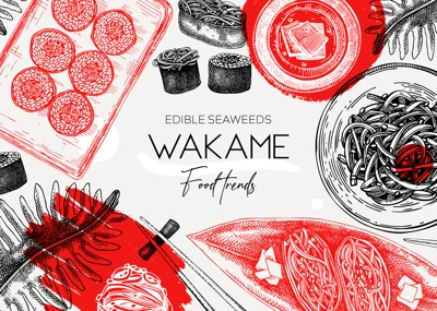 Edible seaweed frame design in collage style. Hand drawn wakame sketches. Sea vegetables vector illustration. Japanese cuisine dishes menu. Healthy food ingredients in engraved style